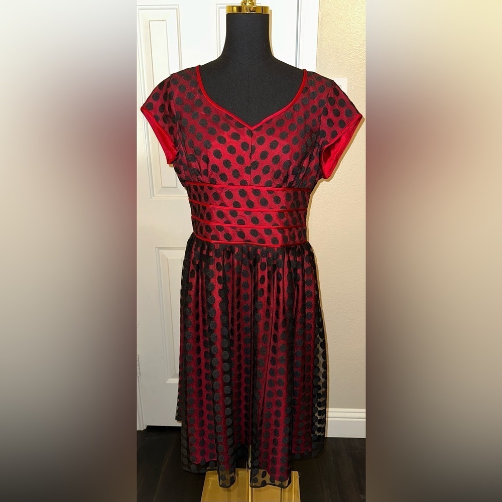 Coldwater Creek Red Black Polka Dot Cocktail Party Dress Women’s 12P Fit & Flare